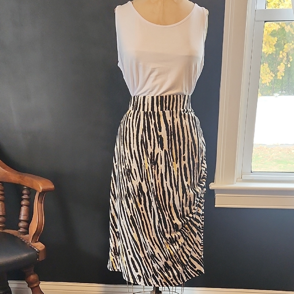 Leota Black, White & Yellow Ruched Wrap Midi Skirt -Kathy Skirt in Inky Zebra L